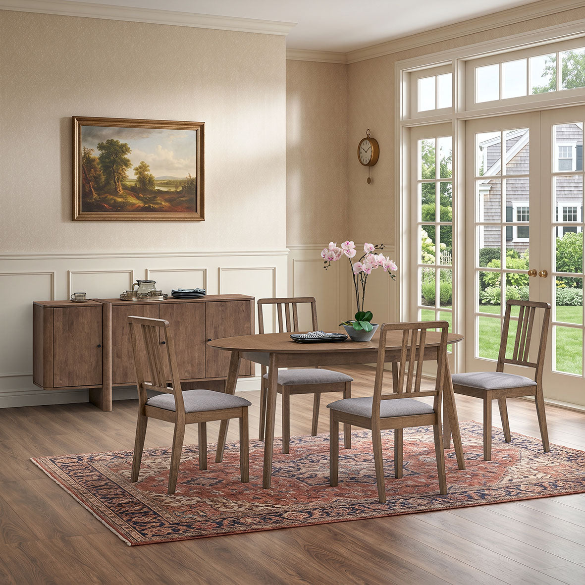 ACTU 828 dining set and 907 sideboard, photographed in Walnut