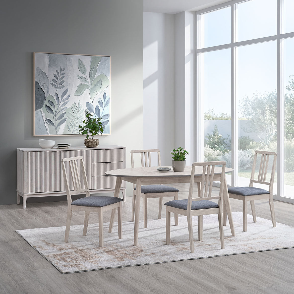 ACTU 828 dining set and 906 sideboard, photographed in White Wash