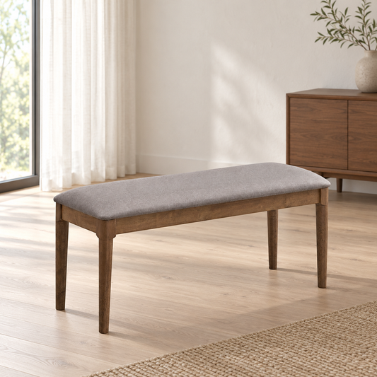 ACTU Emerson 823 Walnut upholstered dining bench in an AI-assisted room scene; bench only, accessories not included.