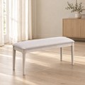 ACTU Emerson 823 White Wash upholstered dining bench in an AI-assisted room scene; bench only, accessories not included.