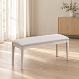 ACTU Emerson 823 White Wash upholstered dining bench in an AI-assisted room scene; bench only, accessories not included.