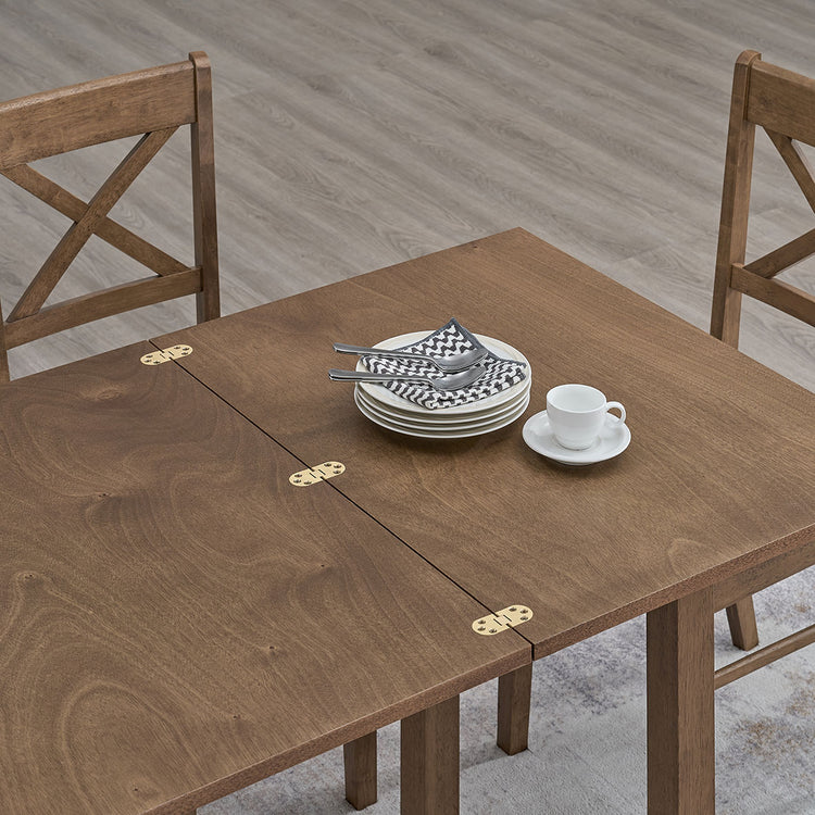 ACTU 822 Dining Set, 4 Chairs; Walnut; close-up of tabletop hinges and wood-grain surface