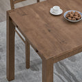 ACTU 831 Extendable Dining Set, 4 Chairs; Walnut; close-up of tabletop corner, wood grain and square leg