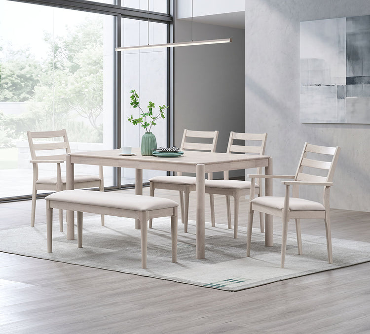 ACTU 823 dining set; White Wash; 1 table, 4 chairs and 1 bench