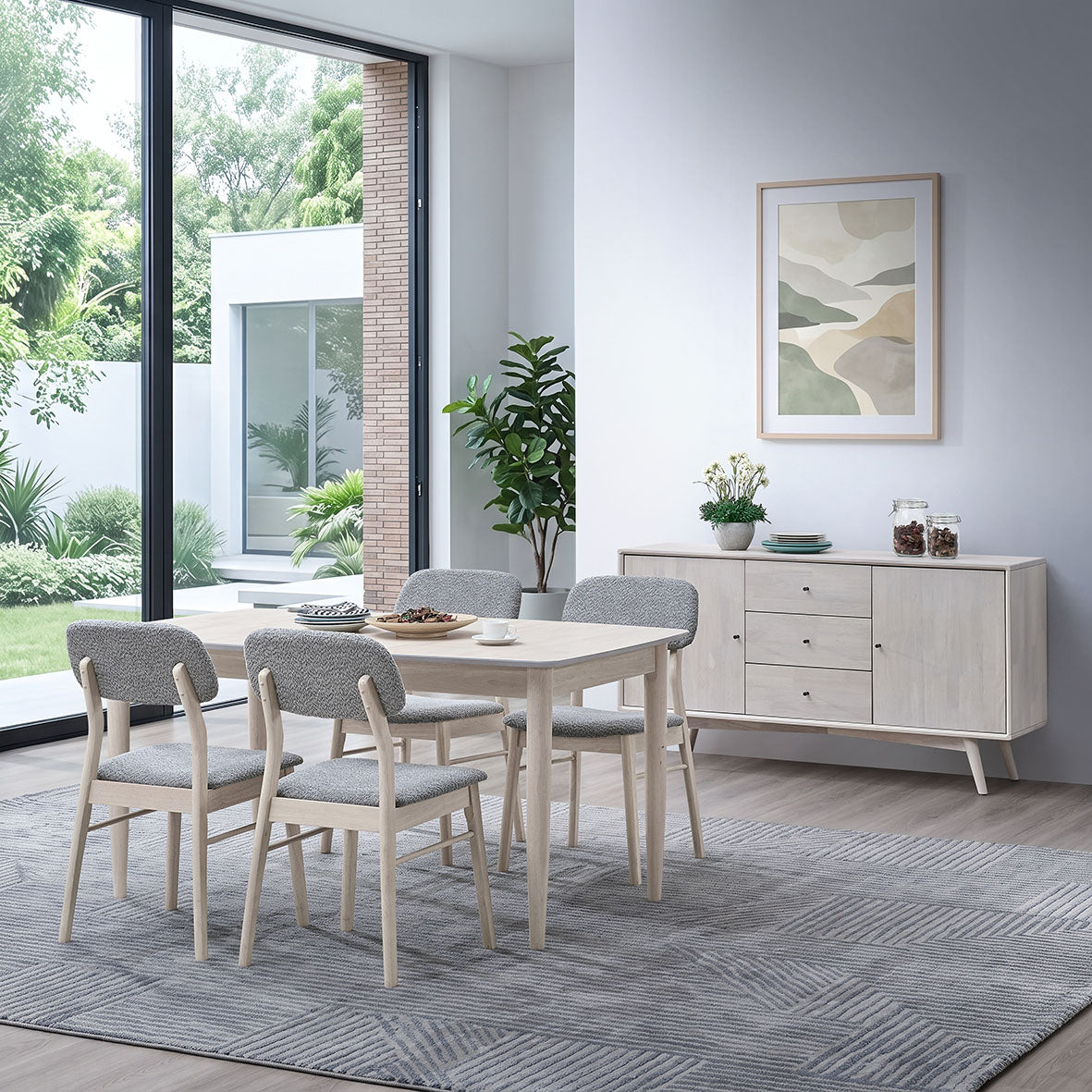 ACTU 826 dining set and 901 sideboard, photographed in White Wash