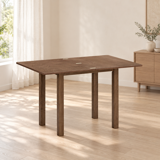 ACTU Cameron 822 Walnut flip-top dining table opened in an AI-assisted room scene; table only, accessories not included.