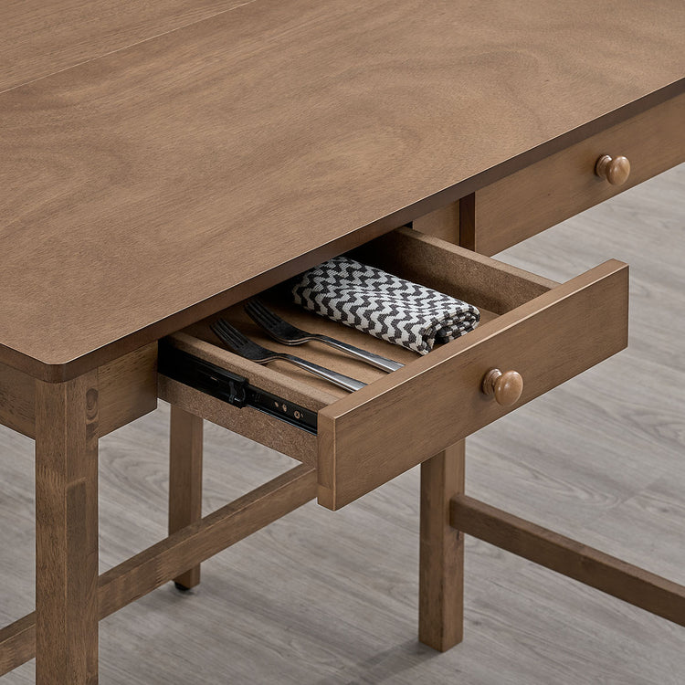 ACTU 830 Counter-Height Table; Walnut; close-up of open drawer and round knob; chairs not included