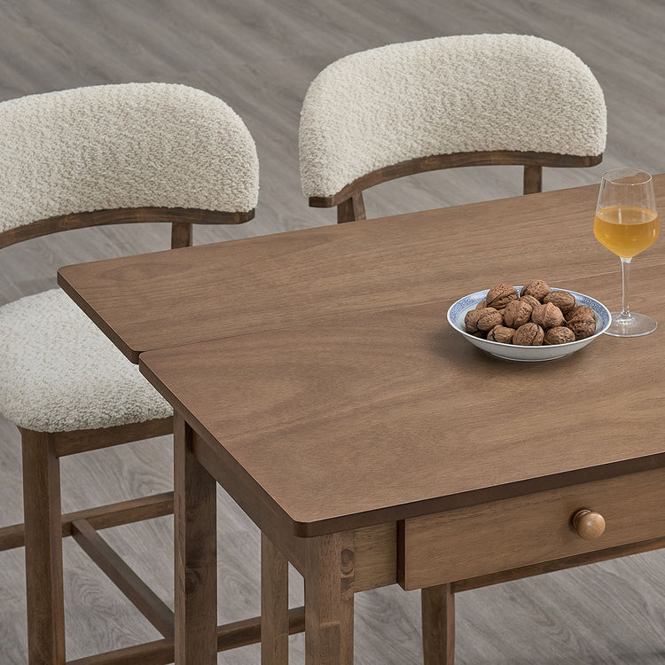 ACTU 830 Counter-Height Table; Walnut; close-up of raised drop leaf and drawer front; chairs not included