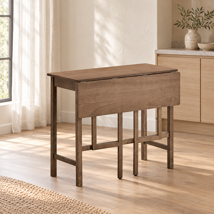 ACTU Avery 830 Walnut counter-height table with a drop leaf lowered in an AI-assisted room scene; table only, accessories not included.