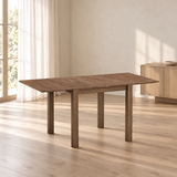 ACTU Hudson 831 Walnut dual-leaf dining table extended in an AI-assisted room scene; table only, accessories not included.