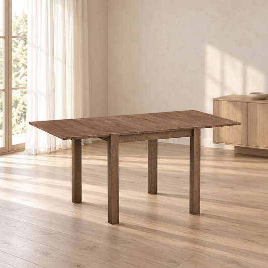 ACTU Hudson 831 Walnut dual-leaf dining table extended in an AI-assisted room scene; table only, accessories not included.