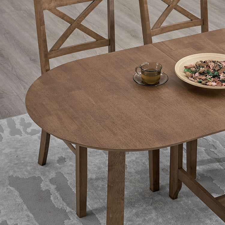 ACTU 825 Oval Drop-Leaf Dining Table; Walnut; close-up of raised curved leaf and supporting leg; chairs not included