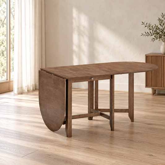 ACTU Taylor 825 Walnut gateleg dining table with one drop leaf lowered in an AI-assisted room scene; table only, accessories not included.