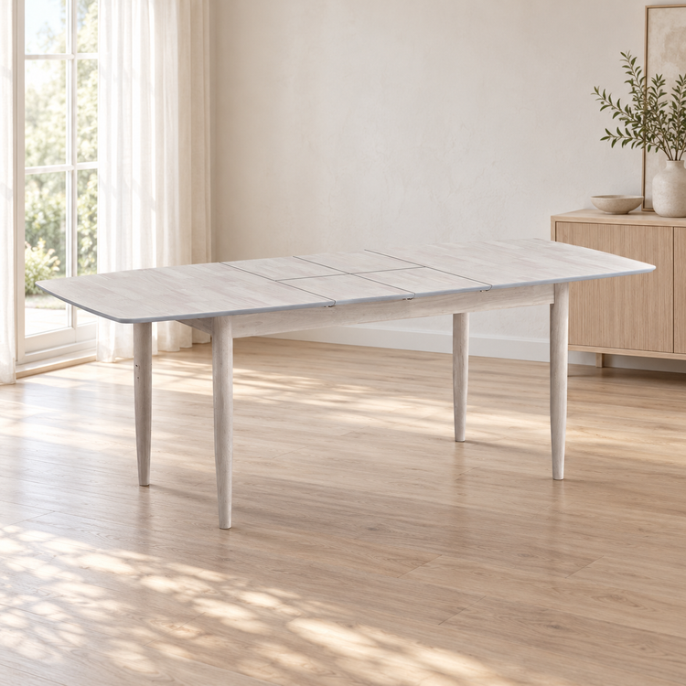 ACTU Grayson 826 White Wash dining table, fully extended, in an AI-assisted dining room scene; table only, accessories not included.