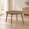 ACTU Parker 827 Walnut dining table in its closed round configuration, shown in an AI-assisted dining room scene; table only, accessories not included.
