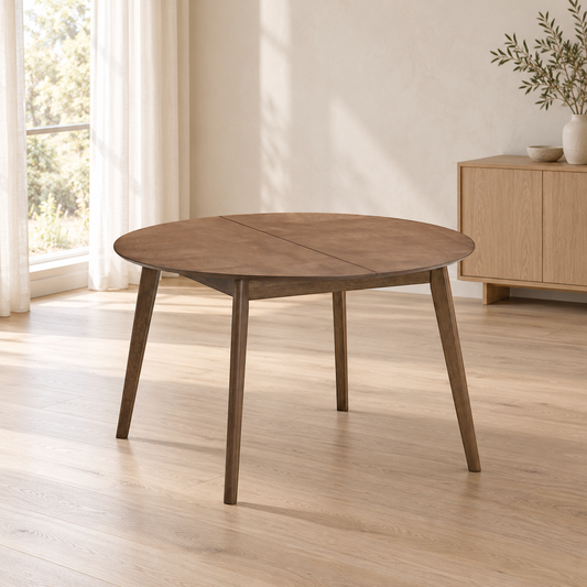 ACTU Parker 827 Walnut dining table in its closed round configuration, shown in an AI-assisted dining room scene; table only, accessories not included.
