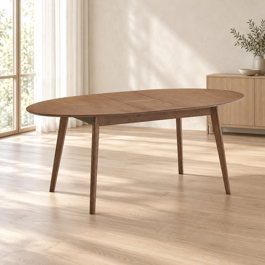 ACTU Madison 828 Walnut oval dining table, extended, in an AI-assisted dining room scene; table only, accessories not included.