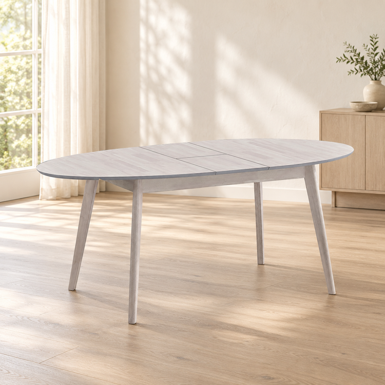 ACTU Madison 828 White Wash oval dining table, extended, in an AI-assisted dining room scene; table only, accessories not included.